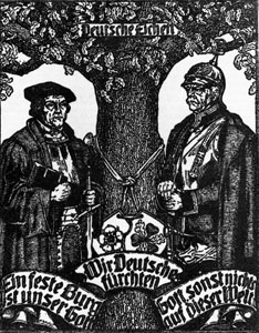 Luther und Bismarck als "Deutsche Eichen", Feldpostkarte 1917. (Foto: Zentralarchiv der Ev. Kirche der Pfalz)