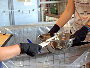 Zwei Helferinnen messen und zhlen die Schsseln. (Foto: epd-Bild/Jrgen Blume)