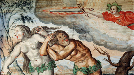 Adam und Eva bei der Vertreibung aus dem Paradies, Bauernmalereien von Gottfried Scheucker und Johann Georg Walter in der Evangelisch-Lutherischen Kirche von Reinhardtsdorf-Schöna (1711)