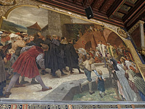 Ein Gemälde in der Universität zeigt die Ankunft der Reformatoren. (epd-Bild/Neetz)
