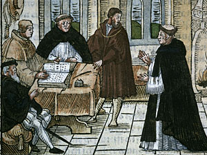 Verhör Luthers vor Cajetan – auf einem Holzschnitt von 1557. (epd-Bild/akg-images)