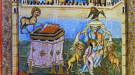 Deckblatt einer mittelalterlichen Handschrift der Johannes-Apokalypse