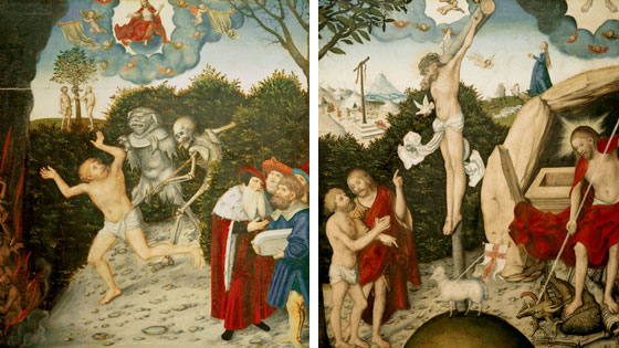 Linke und rechte Tafel des Gemäldes von Luas Cranach "Gesetz und Gnade"